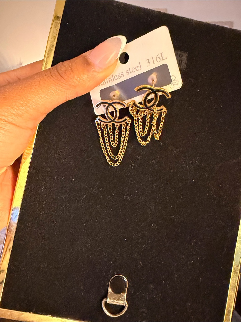 Gold-Tone Chain Drop Earrings with Interlocking Emblem